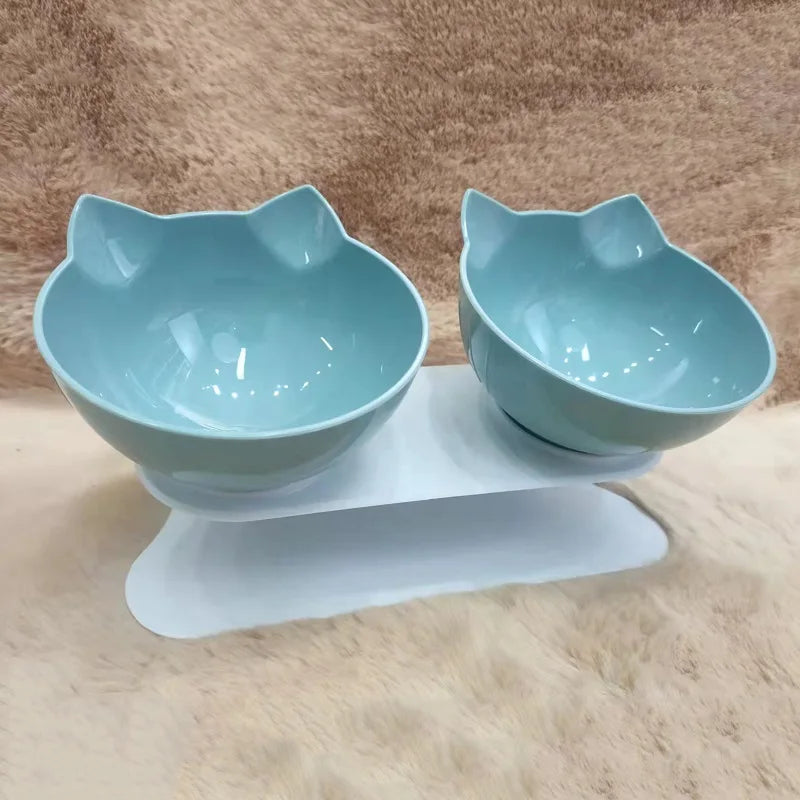 Non slip pet bowl set featuring ergonomic elevated design with tilted cat-shaped bowls for comfortable pet feeding.