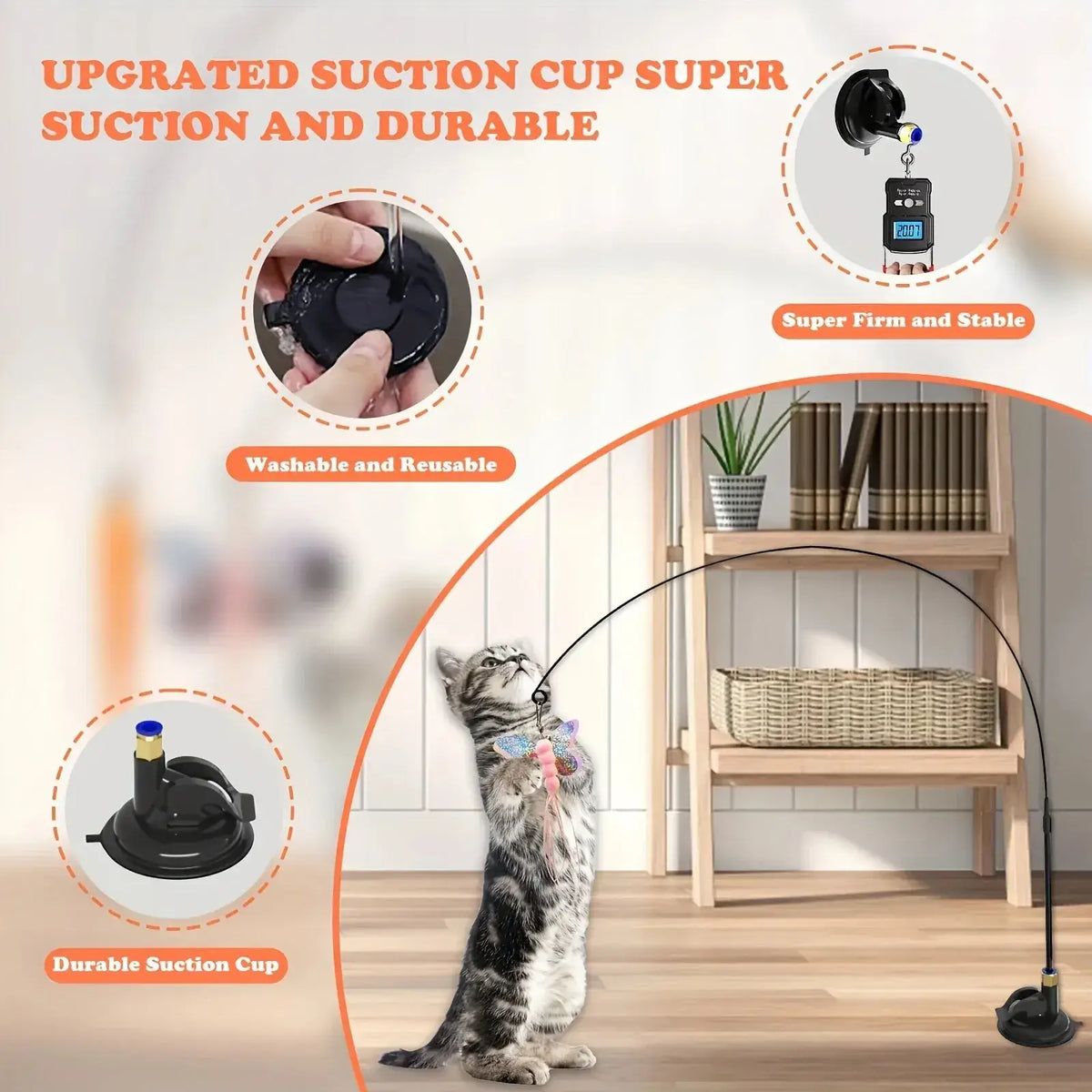 Interactive cat teaser wand toy with feather and bell, perfect for stimulating play and engaging hunting instincts.