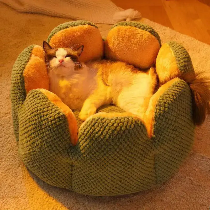 Small cat sleeping in a soft round plush pet bed with striped design