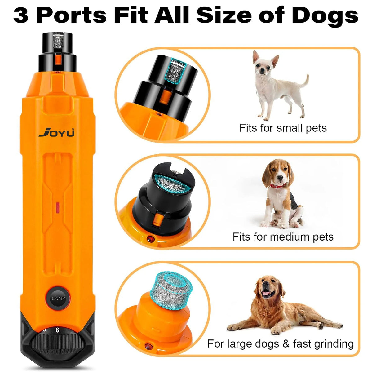 6-speed pet nail grinder with 3 ports suitable for all dog sizes, ensuring smooth nail care at home.
