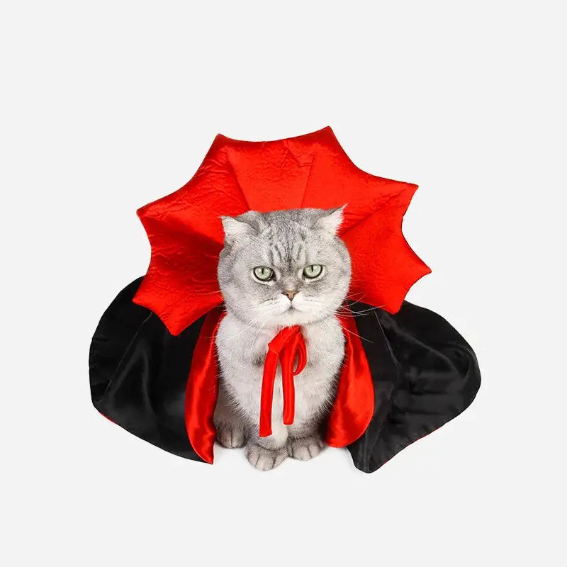 Black vampire cloak Halloween costume for cats with adjustable neckline and lightweight polyester fabric.