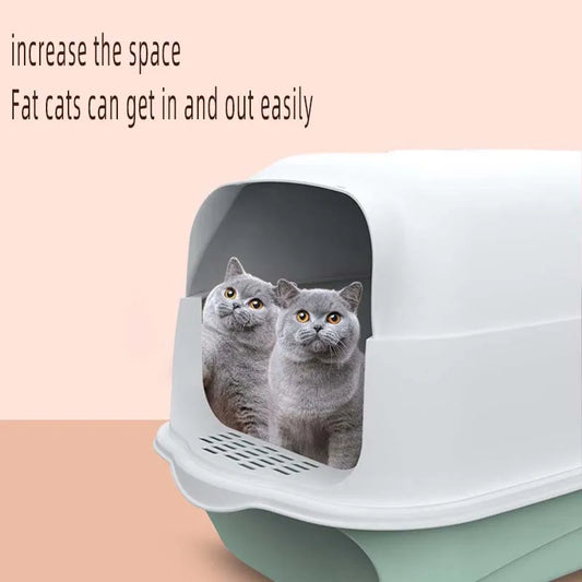 Fully enclosed cat litter box with two-way shovel access for odor control and easy cleaning