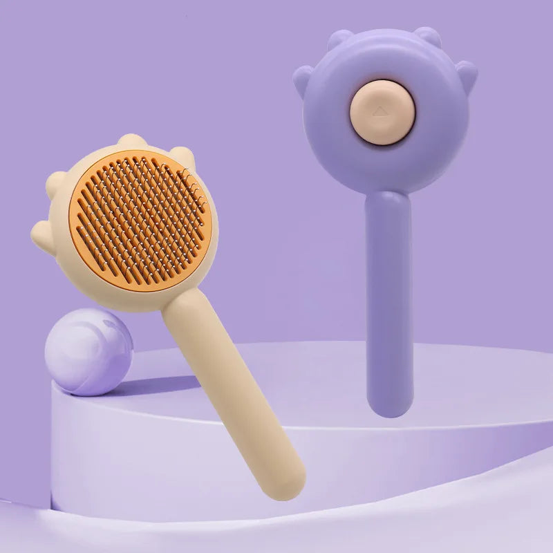 Self-cleaning grooming needle brush for cats and dogs