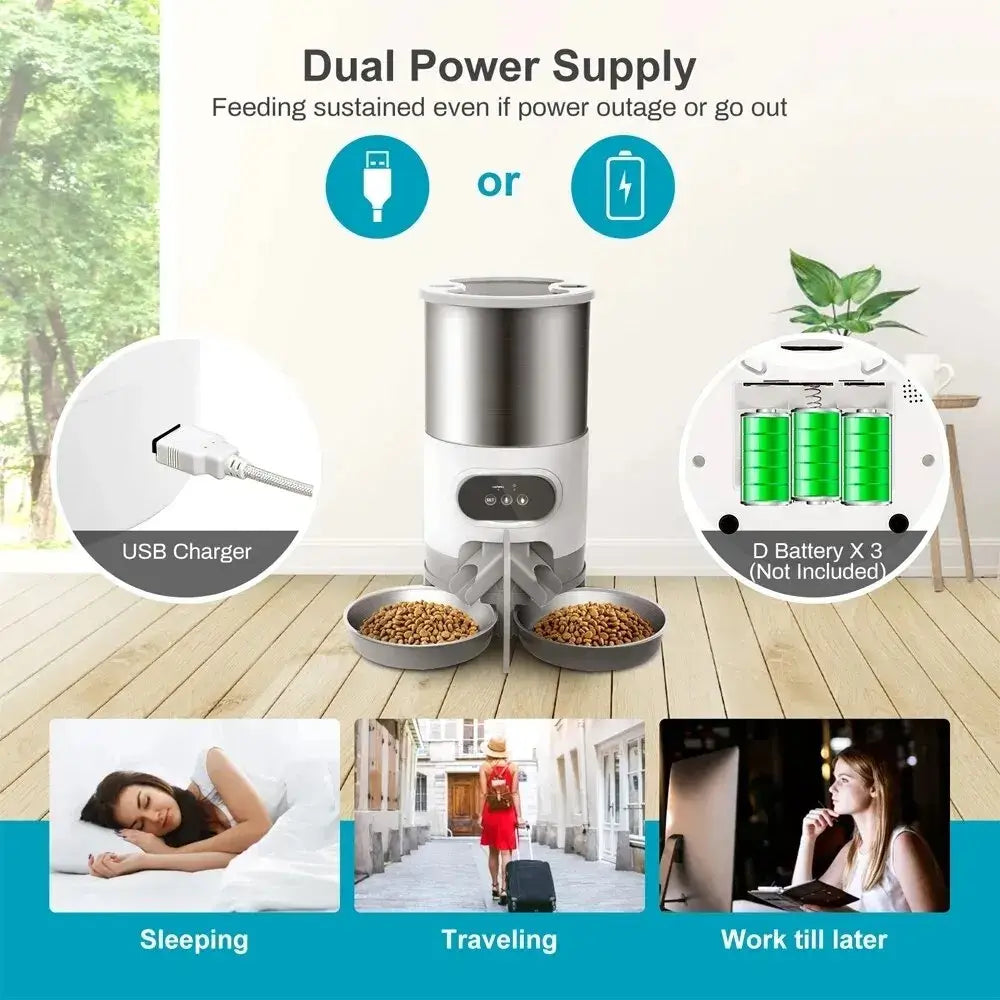 Smart APP pet feeder with automatic dispenser, Tuya remote control, and portion settings for small and medium-sized pets.