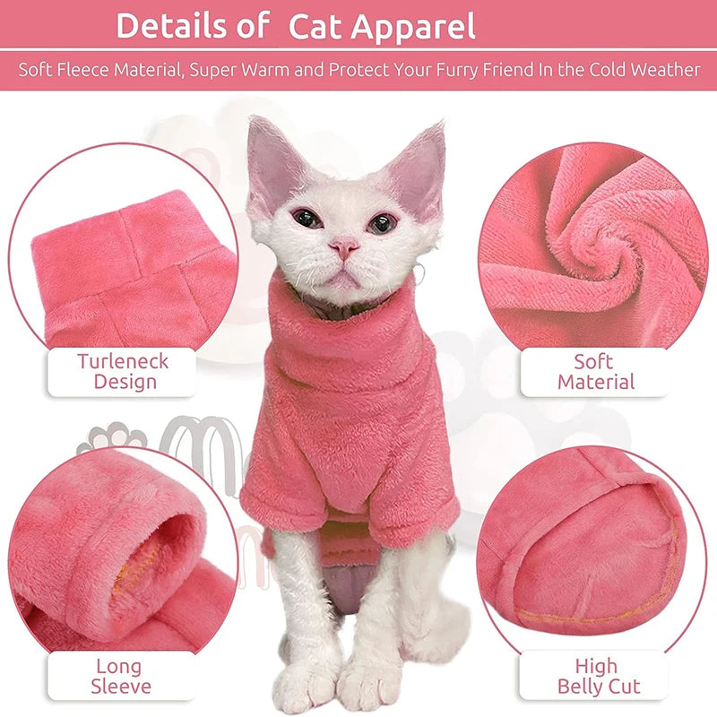 Hairless cat wearing turtleneck fleece winter sweater