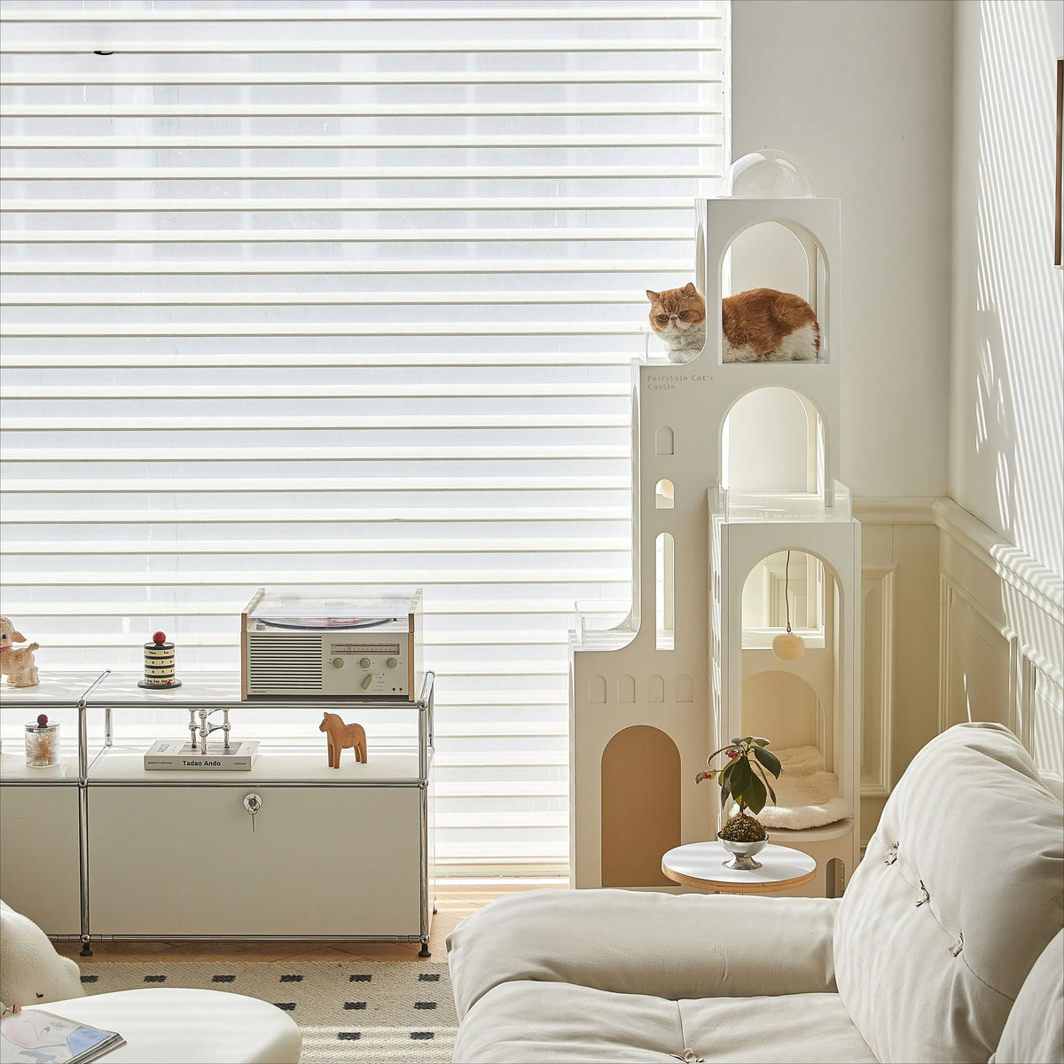 Dream Castle Cat House featuring a cat lounging, luxurious design enhances home décor while serving as a cat castle.