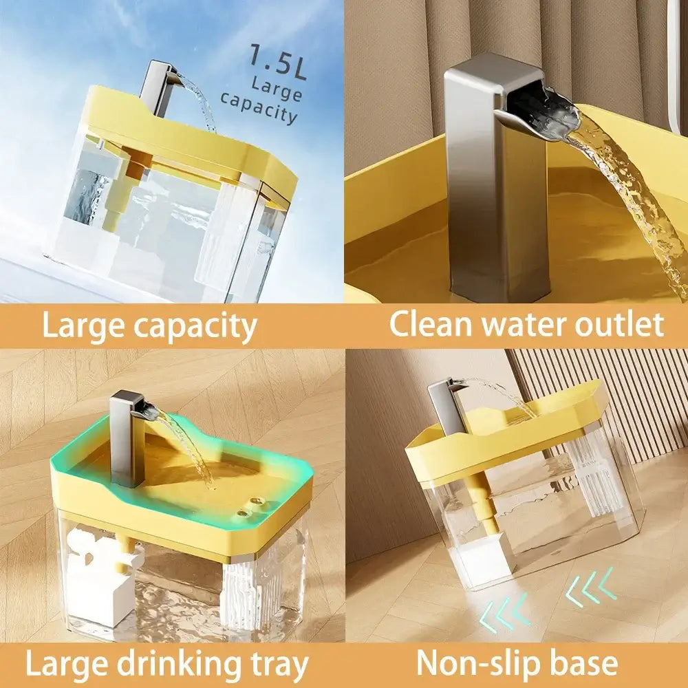 Transparent automatic cat water fountain with USB pump and recirculating filter system.