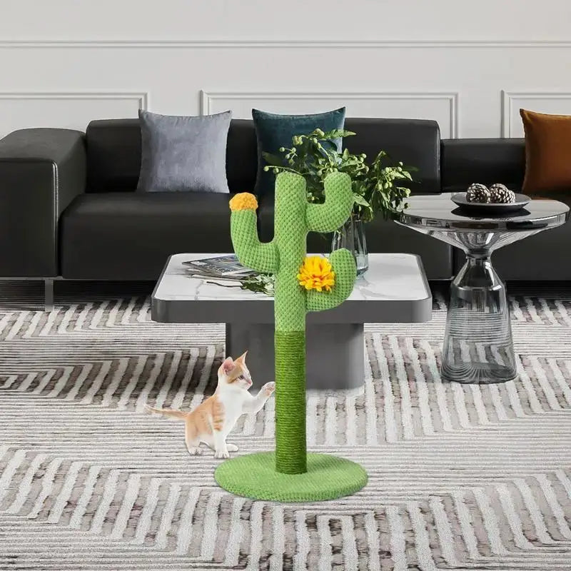 Cactus-shaped cat scratcher tree providing entertainment and exercise for cats.