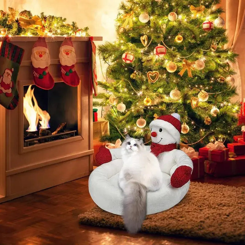Snowman-shaped Christmas cat bed cave for winter comfort and festive holiday decor.