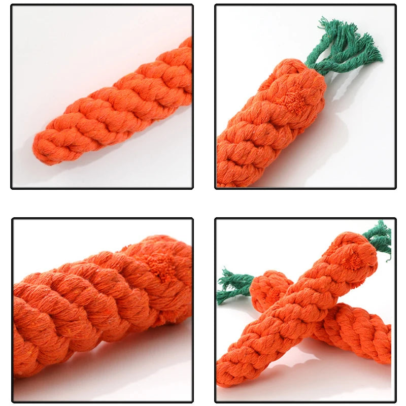 Cartoon carrot shape dog chew toy made of durable cotton rope