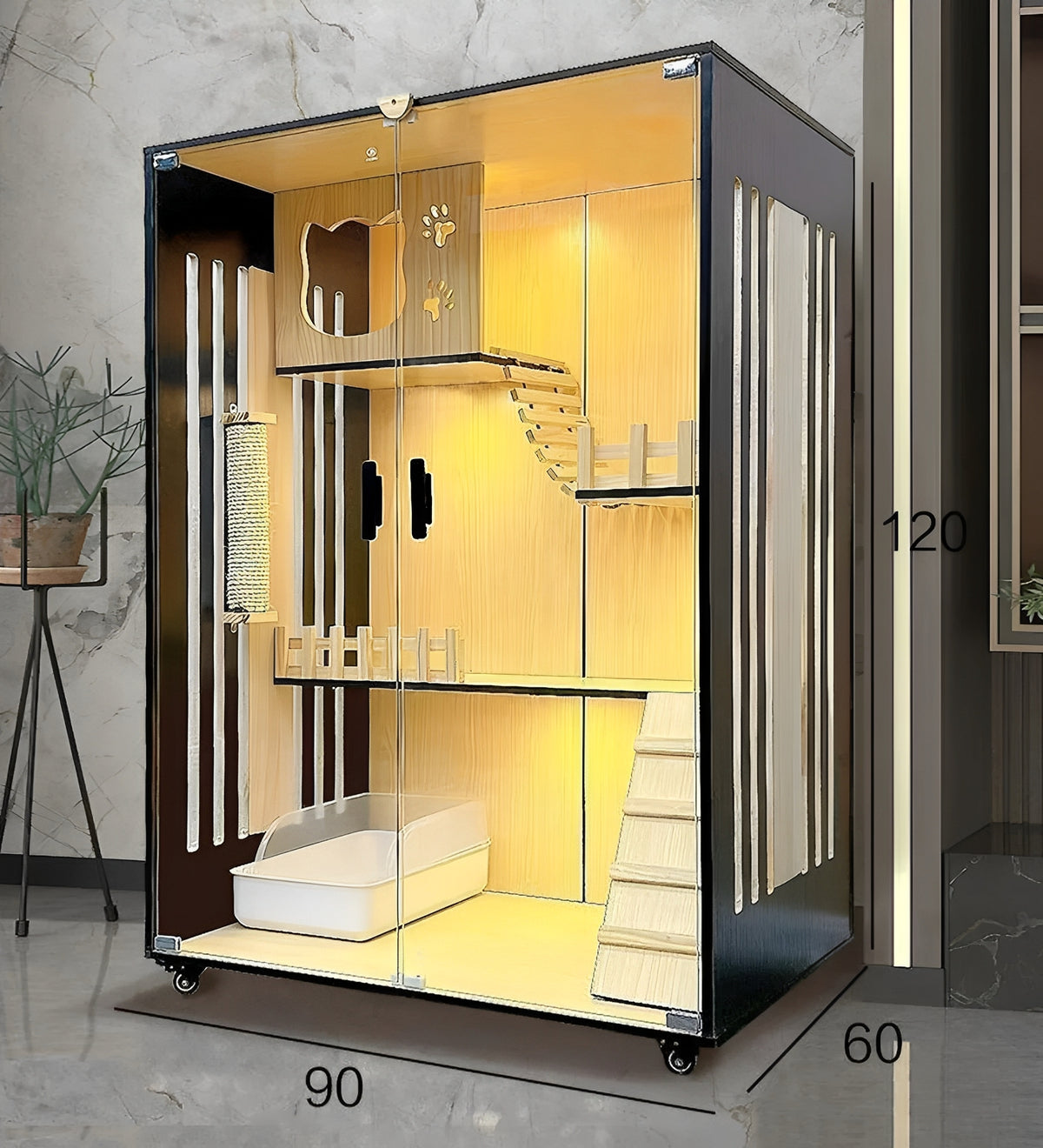 luxury cat villa with multiple levels, ramps, and cozy spaces for cats to relax and play.