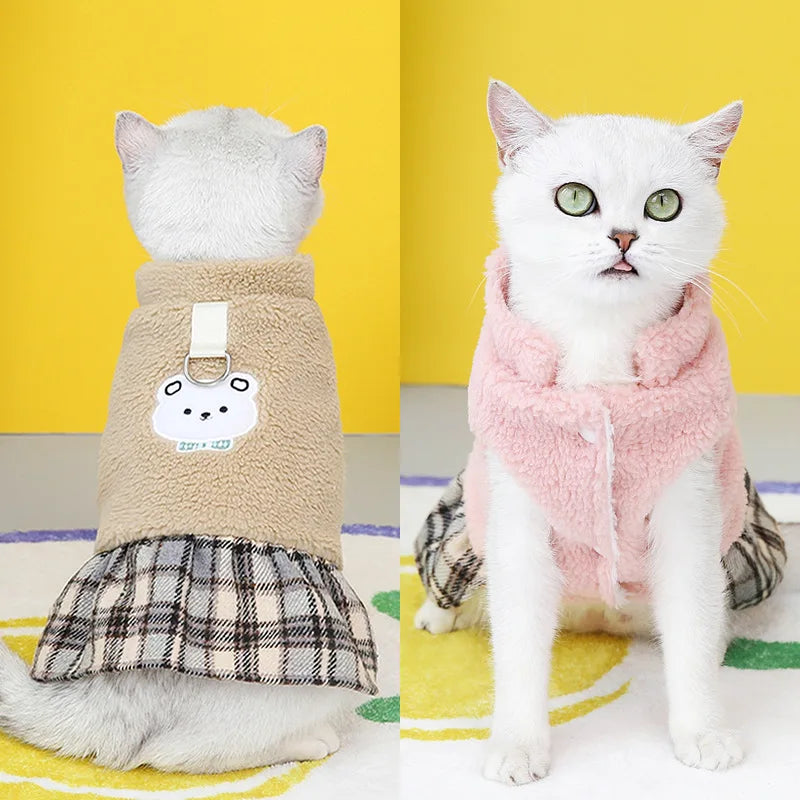 Cute winter coat for cats and small dogs made of thick cotton with stylish dress design