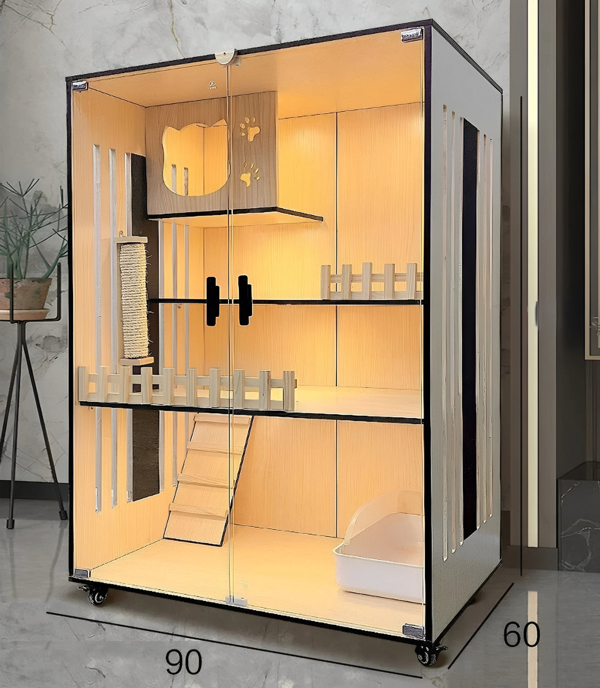 Handcrafted Wooden Cat Villa with spacious multi-level design for lounging and playing, perfect luxury cat villa.