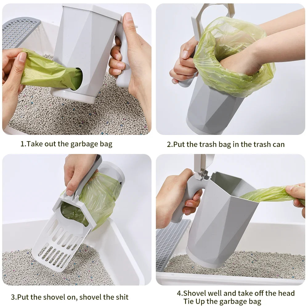 Cat litter scoop with built-in trash can for quick and hygienic waste disposal