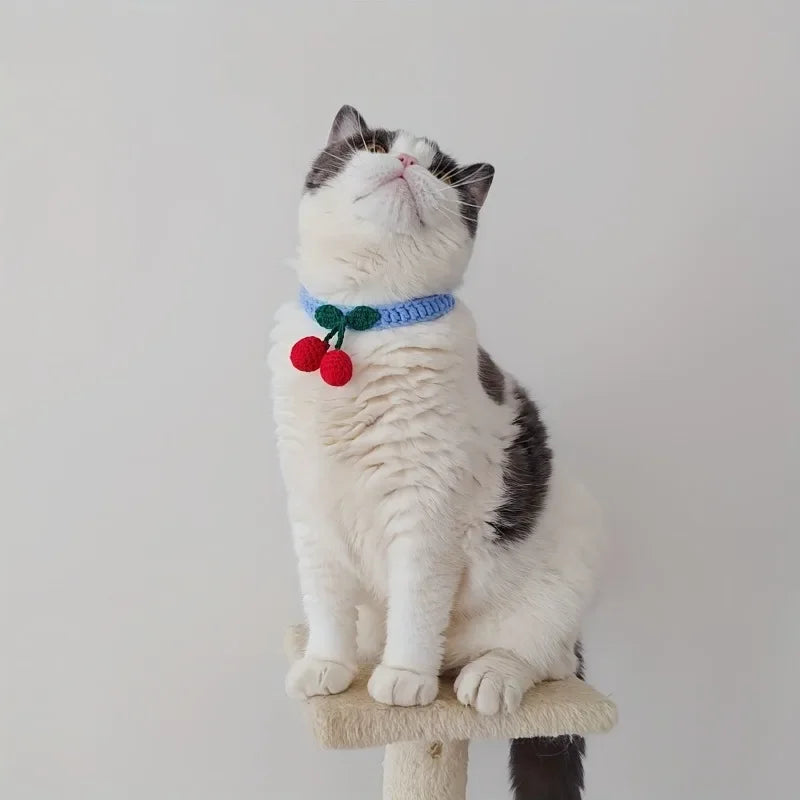 Handmade knitted pet collar with cherry decoration for cats