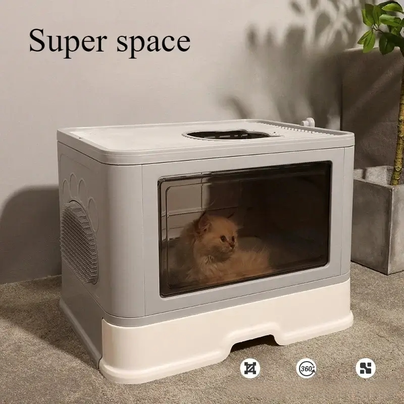Square full closed cat litter box with large enclosed design, anti-splash walls, and pull-out drawer for easy cleaning and odor control.
