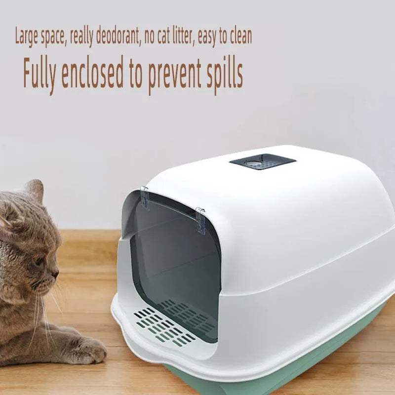 Fully enclosed cat litter box with two-way shovel access for odor control and easy cleaning