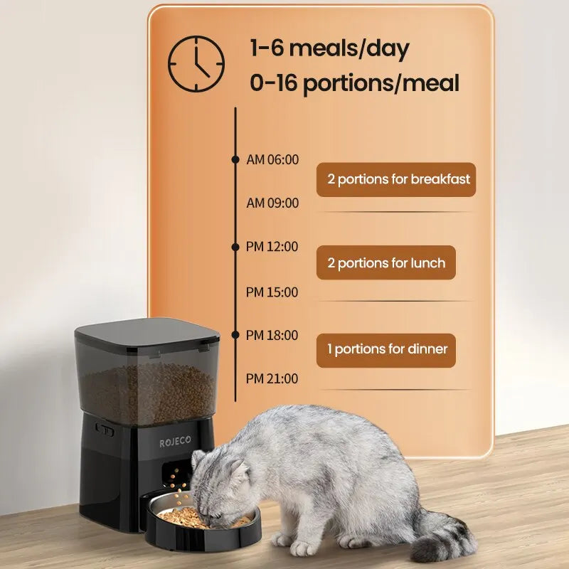 Automatic pet feeder displaying feeding schedule for cat with portions and times for meals.