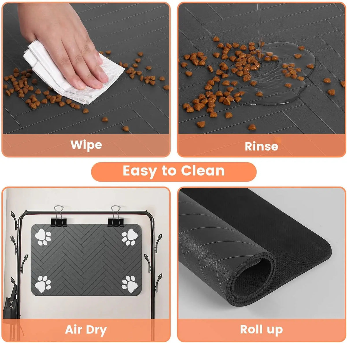 Easy to clean pet feeding mat: wipe, rinse, air dry, and roll up for convenience.