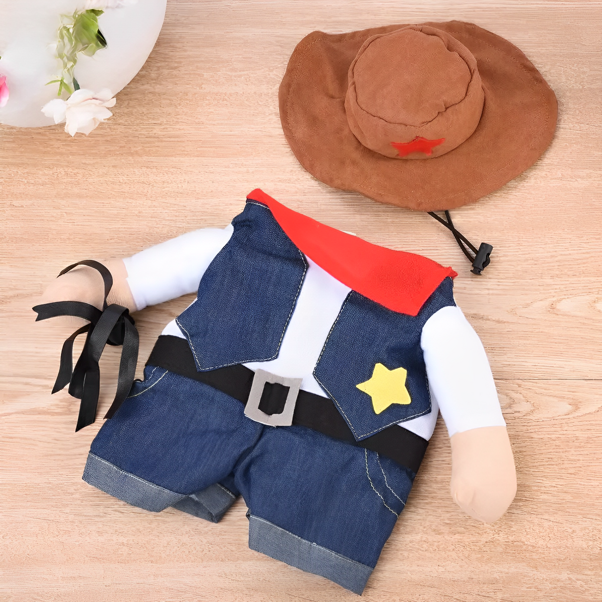 Pet dressed in a denim cowboy jacket and cowboy hat for Halloween or costume parties