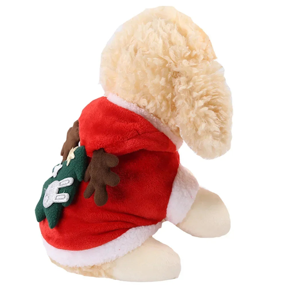 Christmas flannel hoodie with Santa and reindeer design for cats and small dogs