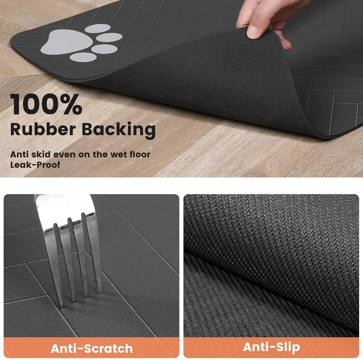 Pet feeding mat with 100% rubber backing, anti-scratch, and anti-slip design for a clean feeding area.