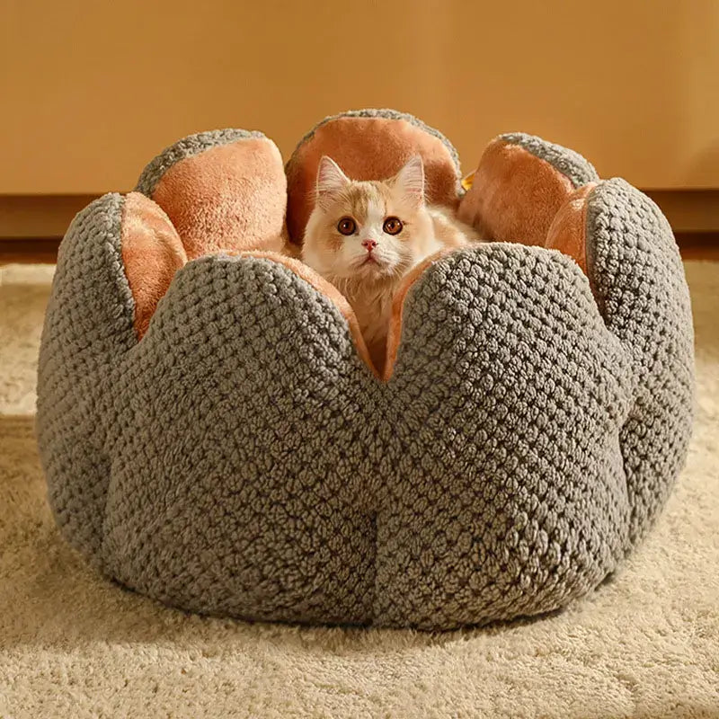 Small cat sleeping in a soft round plush pet bed with striped design