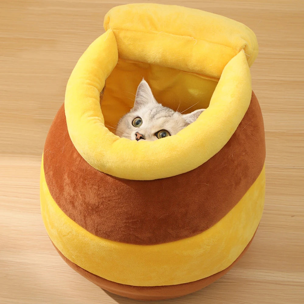 Honey pot-shaped soft plush cat bed with removable cushion for indoor cats