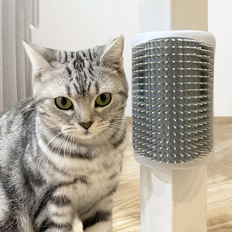 Self-grooming cat brush for hair removal and massage with easy wall attachment