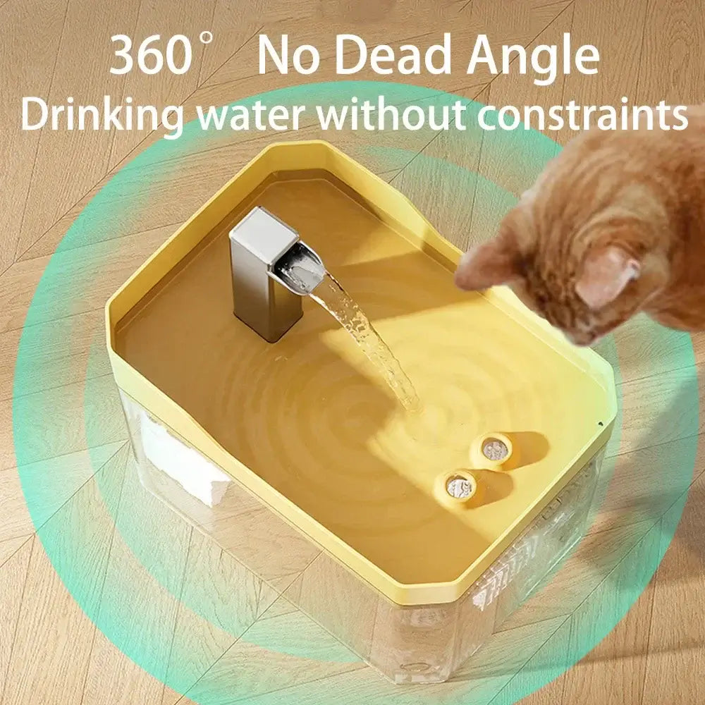 Transparent automatic cat water fountain with USB pump and recirculating filter system.