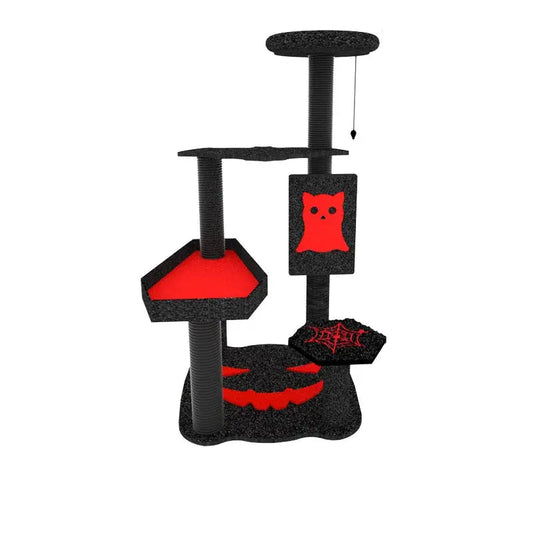 Halloween-themed cat climbing frame with multi-level platforms and scratching posts for play and exploration