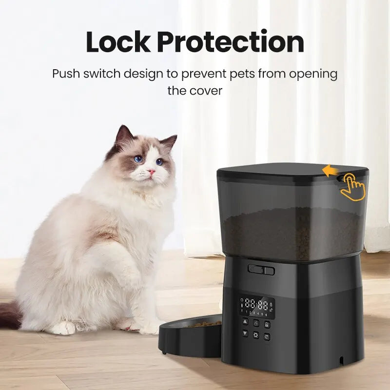 SmartSavor™ automated pet feeder with lock protection feature and a cat beside it.
