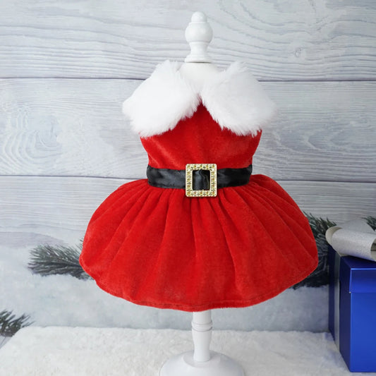 Red Christmas dog dress with glittering belt for small dogs and cats
