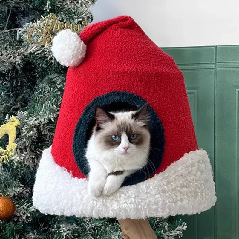 Christmas-themed American cat tree with climbing wall and sisal scratching posts