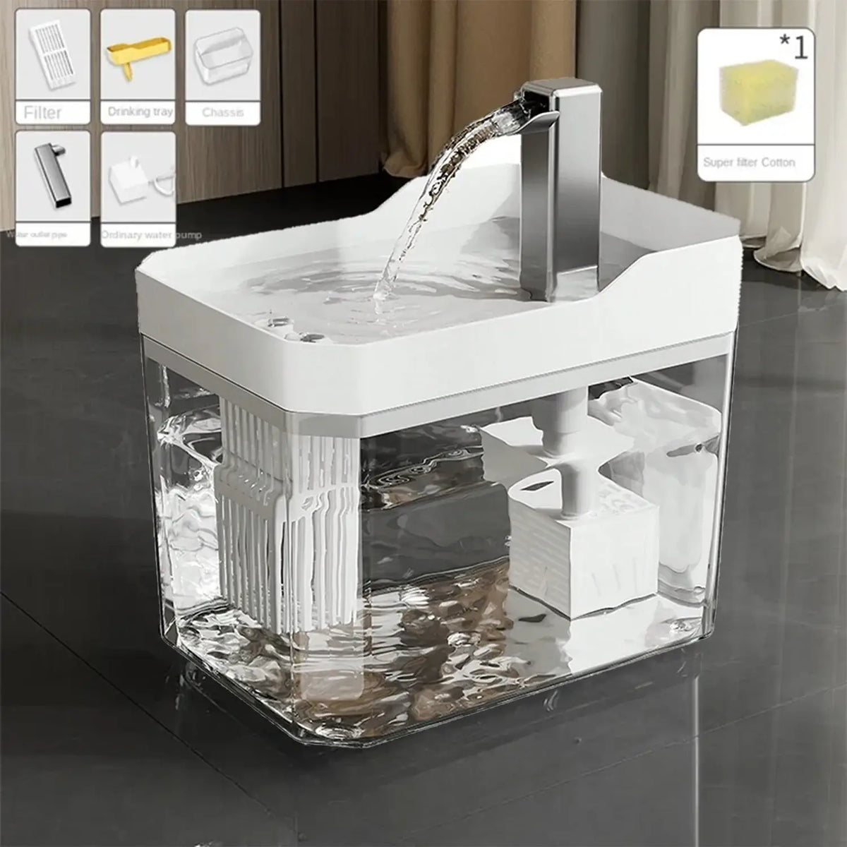 Transparent automatic cat water fountain with USB pump and recirculating filter system.