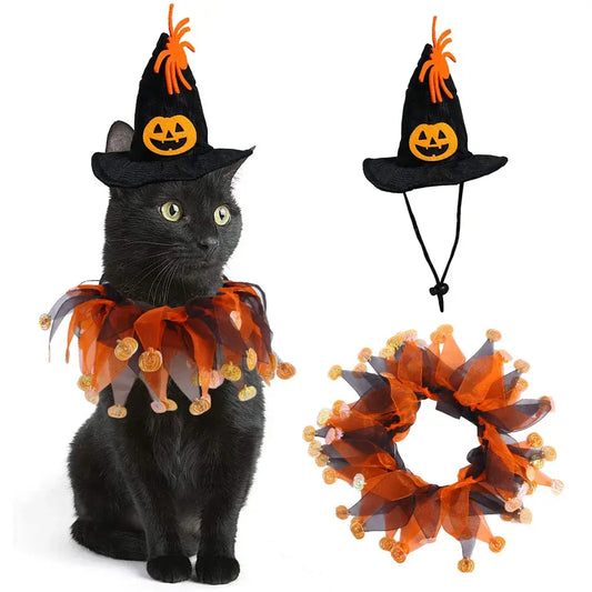 Pumpkin-themed costume set for cats, perfect for Halloween and Christmas celebrations.