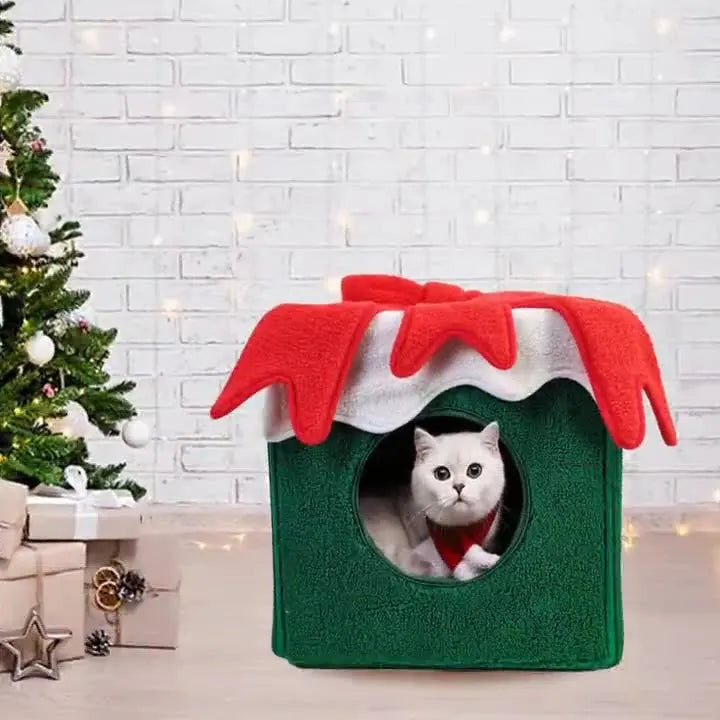 Christmas-themed cat bed shaped like a cozy holiday house for cats and small dogs