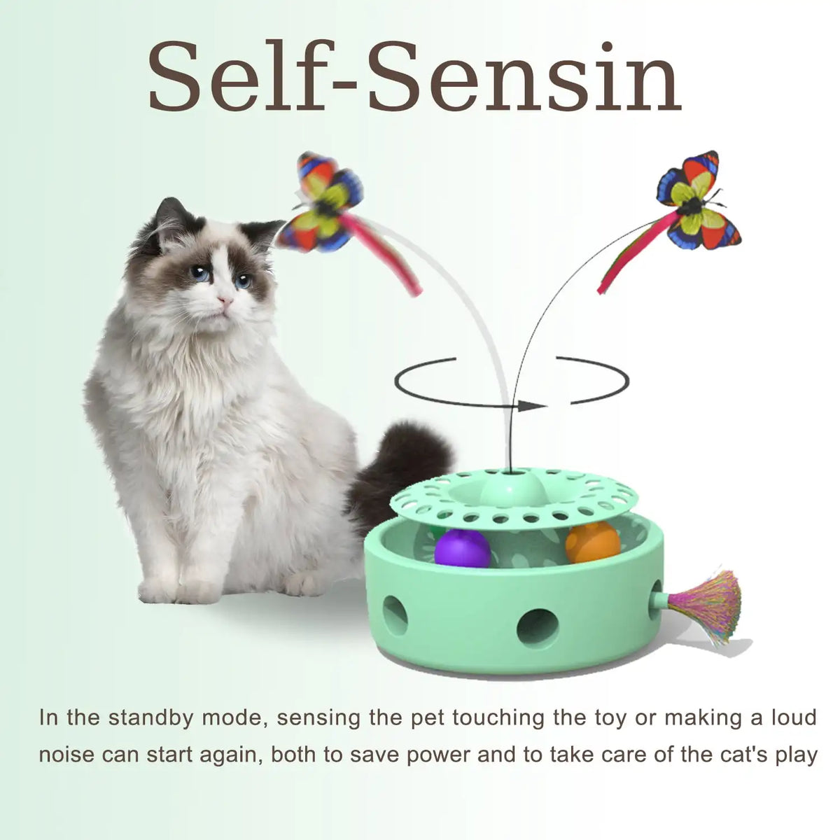Interactive cat toy with fluttering butterflies and feather, designed for active play and stimulation.