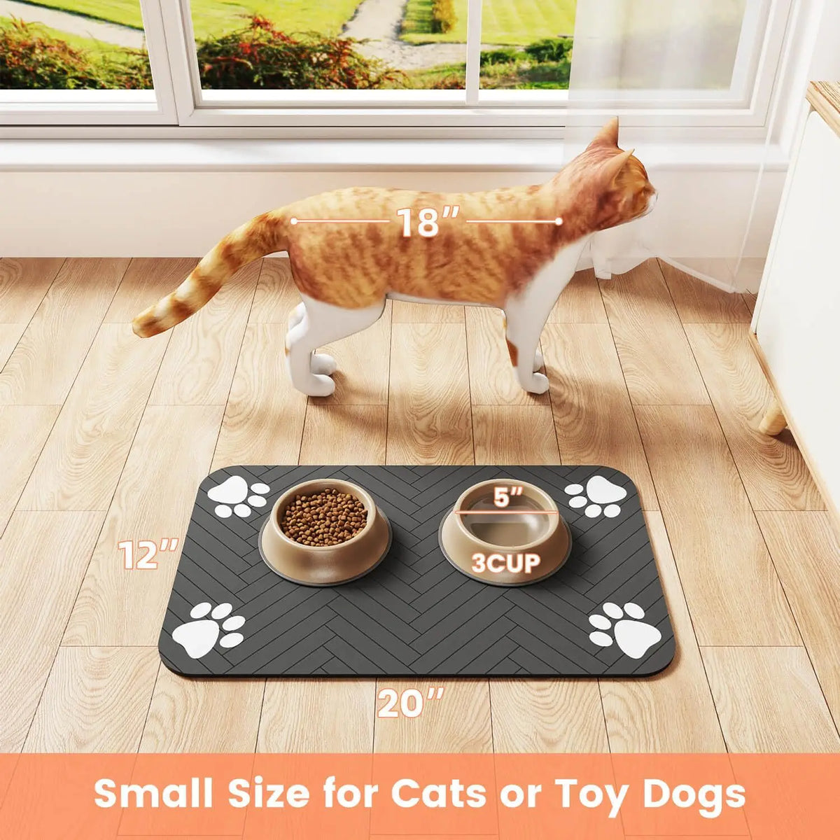 Pet feeding mat for cats and small dogs, showing dimensions and design features like paw prints and bowls.