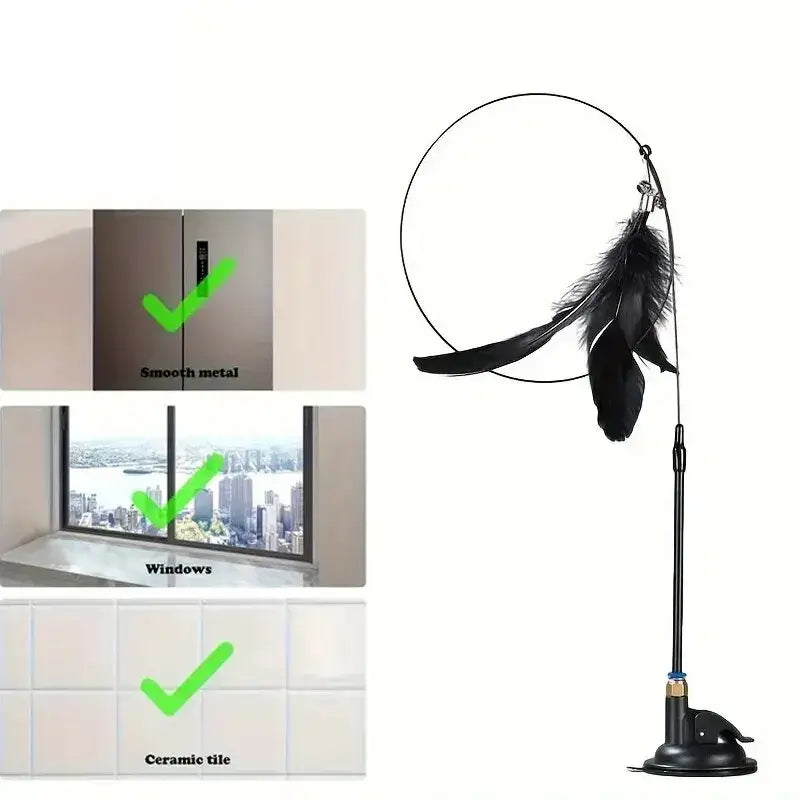 Interactive cat teaser wand toy with feather and bell, perfect for stimulating play and engaging hunting instincts.