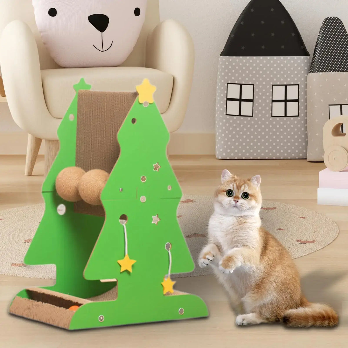 Holiday-themed sisal scratching tree for cats with Christmas design and cardboard toys.