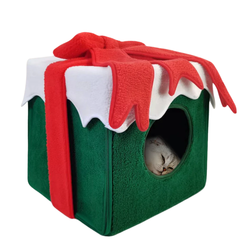 Christmas-themed cat bed shaped like a cozy holiday house for cats and small dogs