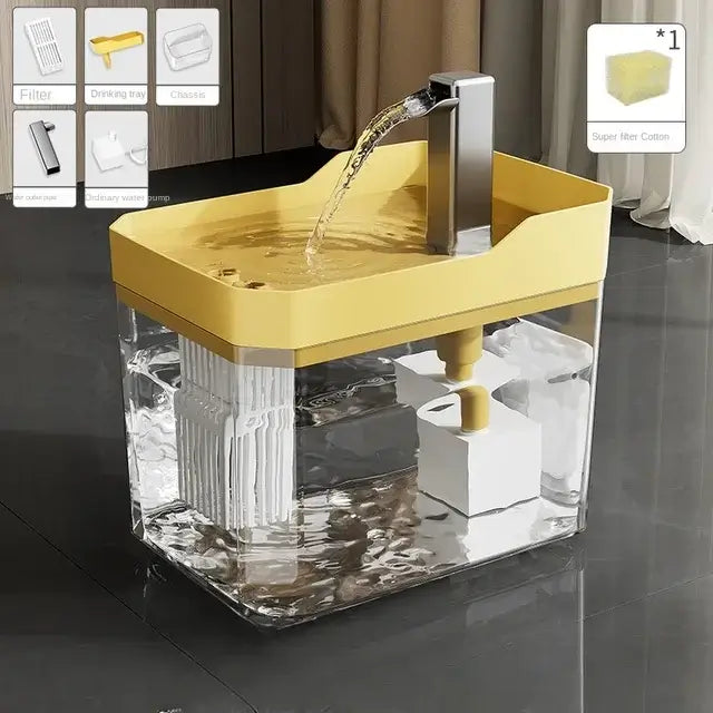 Transparent automatic cat water fountain with USB pump and recirculating filter system.