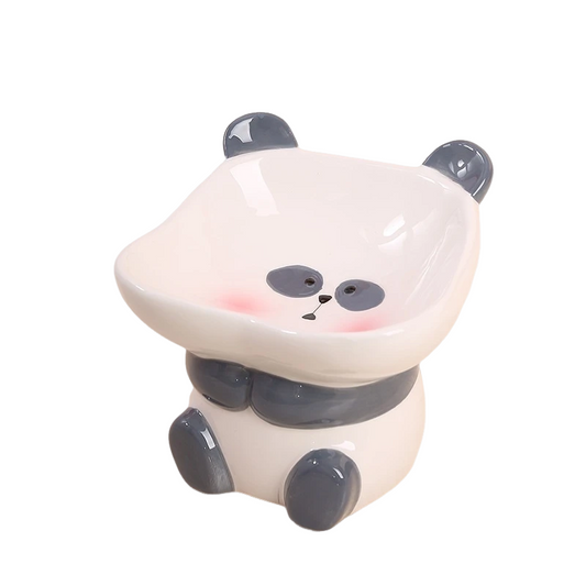 Cute panda design ceramic pet bowl perfect for cats and dogs, reducing strain during mealtime.