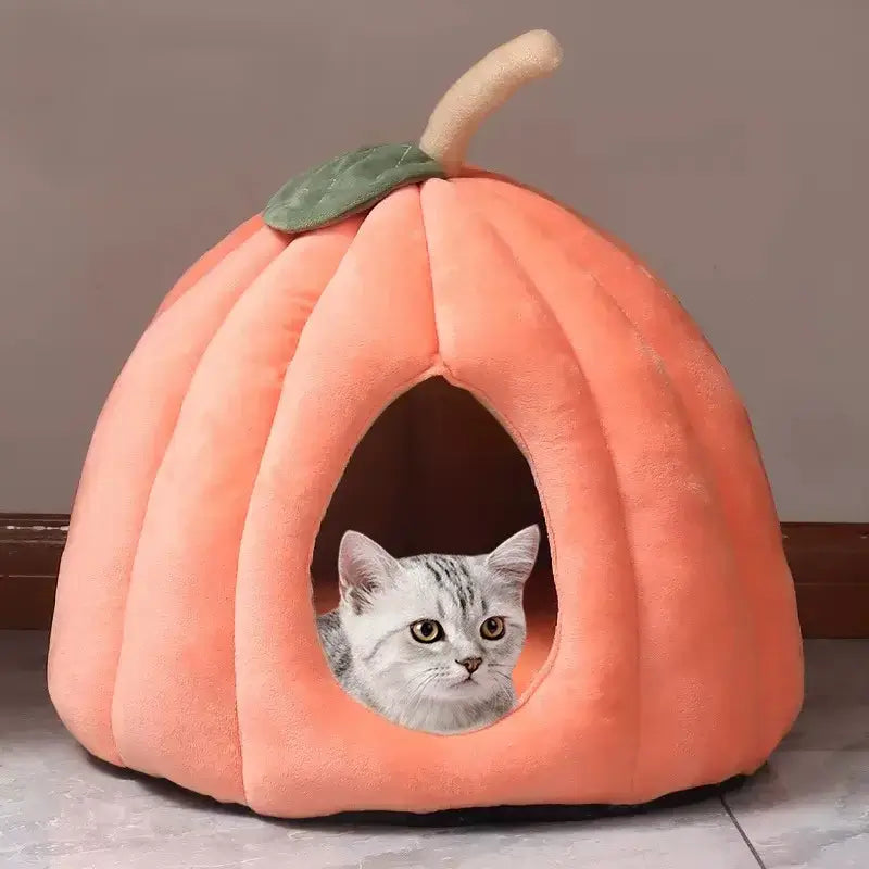 Pumpkin-shaped enclosed cat bed for winter warmth and Halloween decor.