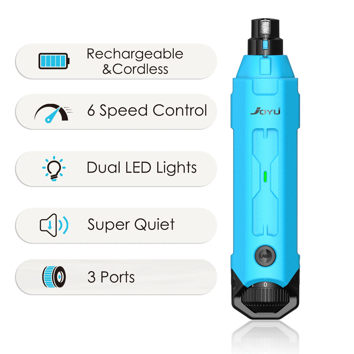 Pet nail grinder featuring 6-speed control, dual LED lights, rechargeable design, and super quiet operation.