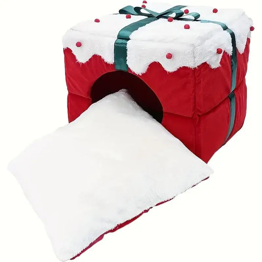 Corduroy pet bed for cats and small dogs with festive holiday design