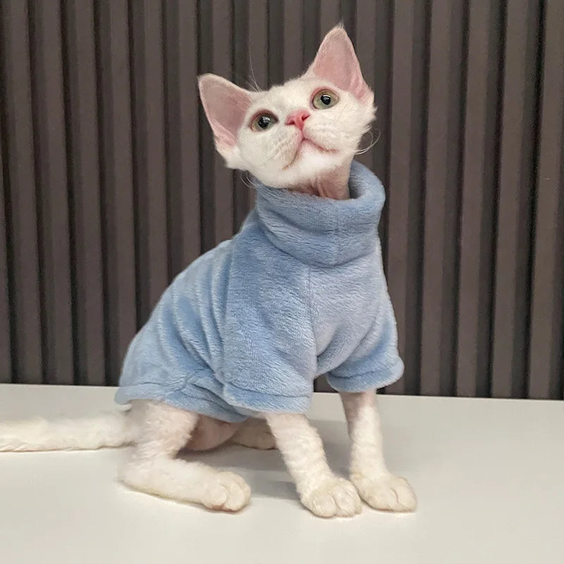 Hairless cat wearing turtleneck fleece winter sweater