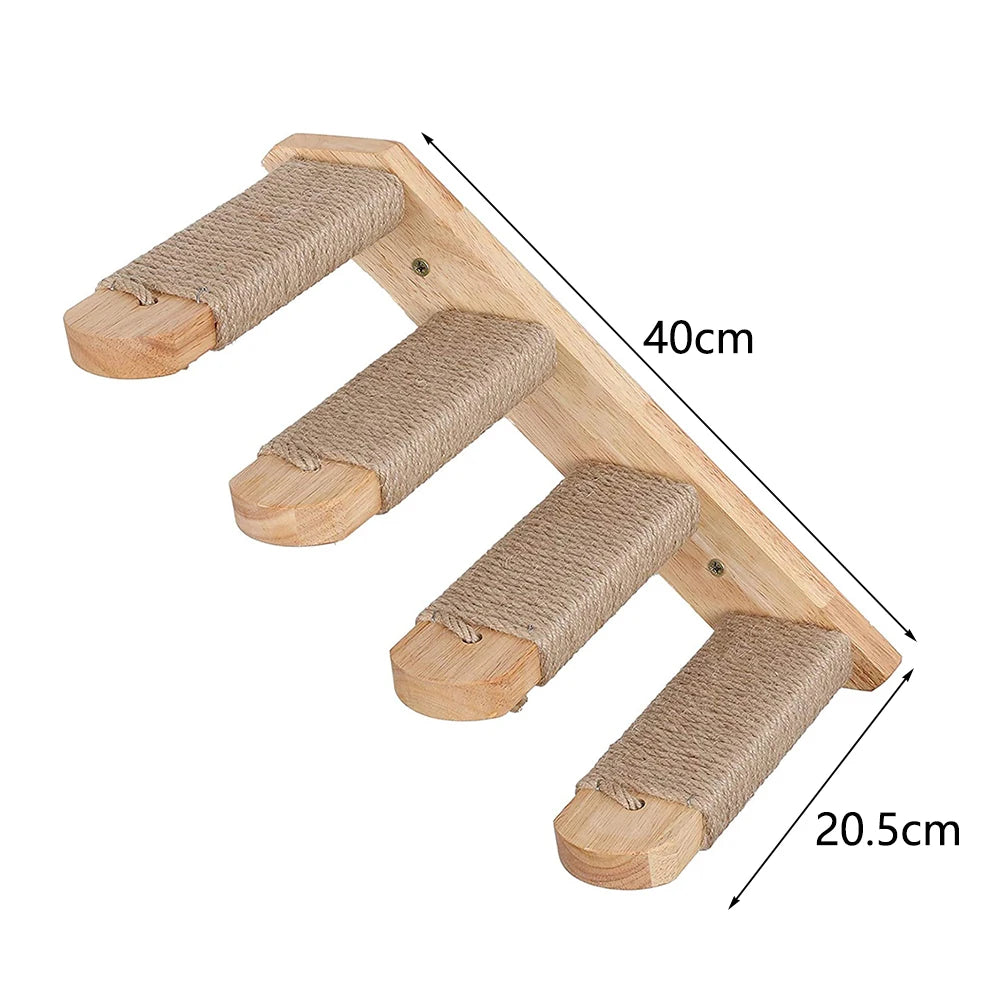 Wall-mounted cat shelf with sisal scratching posts and multi-level steps