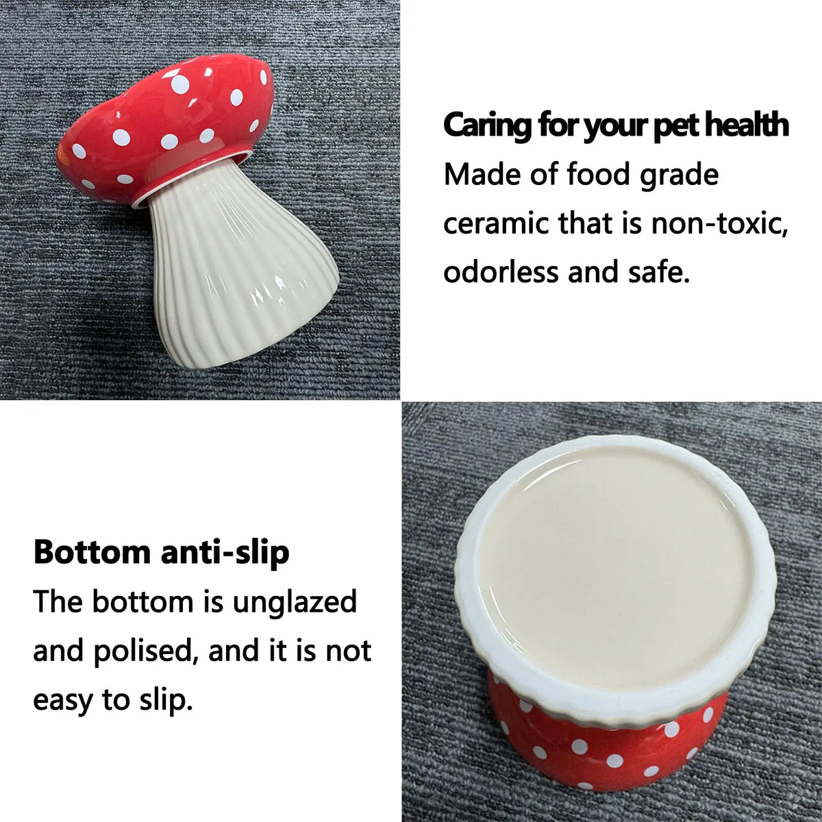 Ceramic cat feeder with mushroom elevated shelf made of food grade ceramic, non-toxic, and with anti-slip bottom.